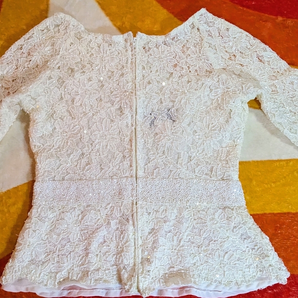 Vintage Cream Lace Peplum Blouse Top, Victorian Beading Zipper Back 60's 70's - Picture 7 of 11
